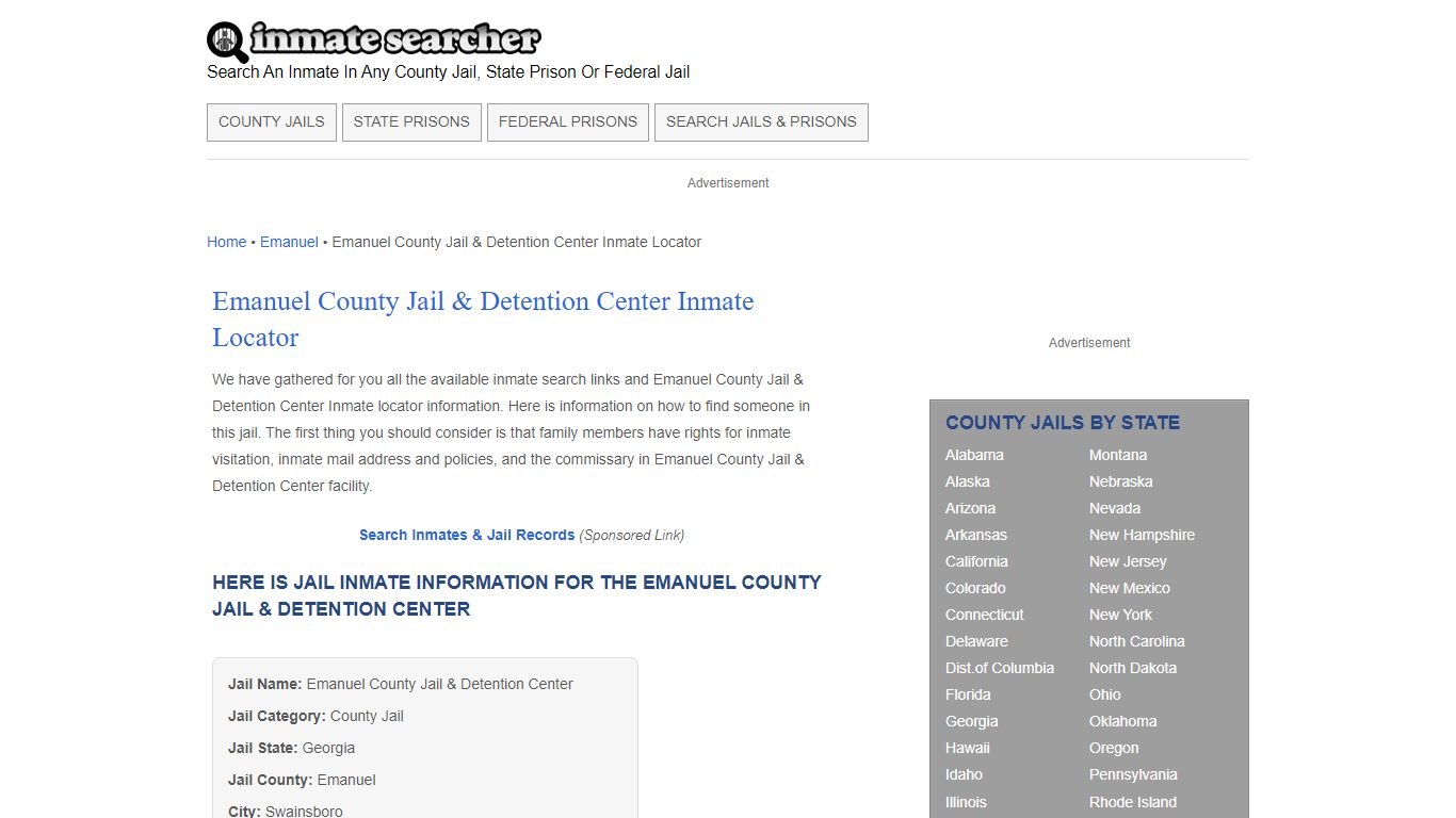 Emanuel County Jail & Detention Center Inmate Locator - Inmate Searcher
